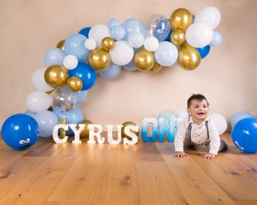 blue, gold and white theme cake smash