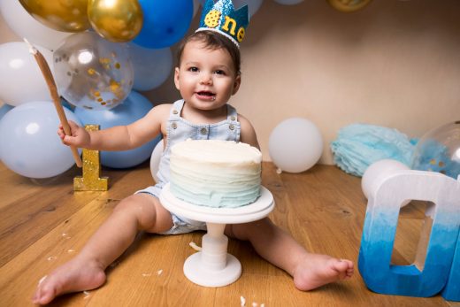 blue, gold and white theme cake smash