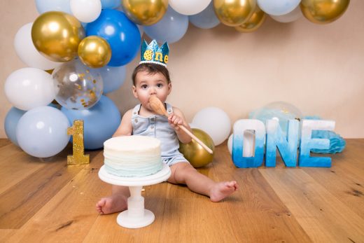 blue, gold and white theme cake smash