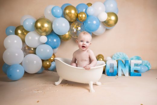 blue, gold and white theme cake smash