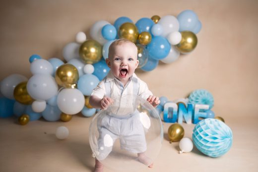 blue, gold and white theme cake smash